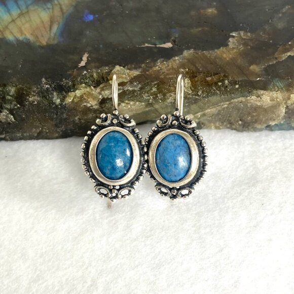 Sterling Silver 925 Oval Blue Denim Lapis Scrollwork Dangle Kidney Wire Earrings - Picture 1 of 16